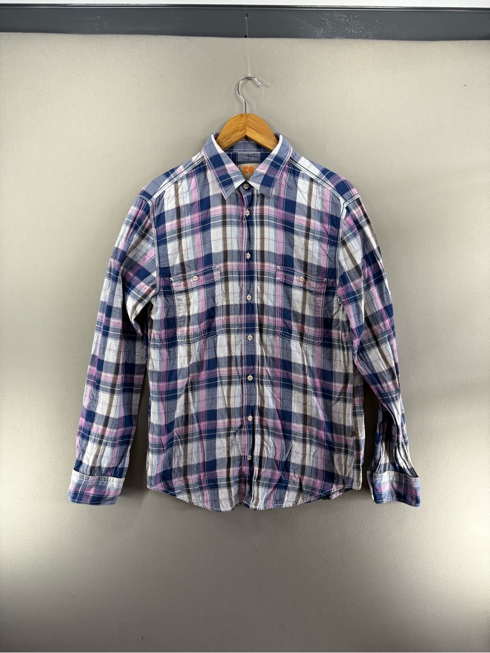 HUGO BOSS ORANGE Cliff Plaid Flip Cuff  Long Sleeve Button Down Shirt Size L
